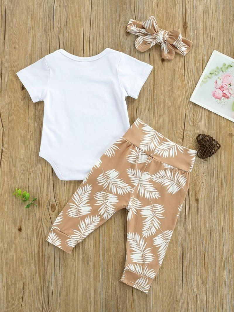 3stk Baby Letter Print Romper & Botanical Bukser Sett Med Pannebånd