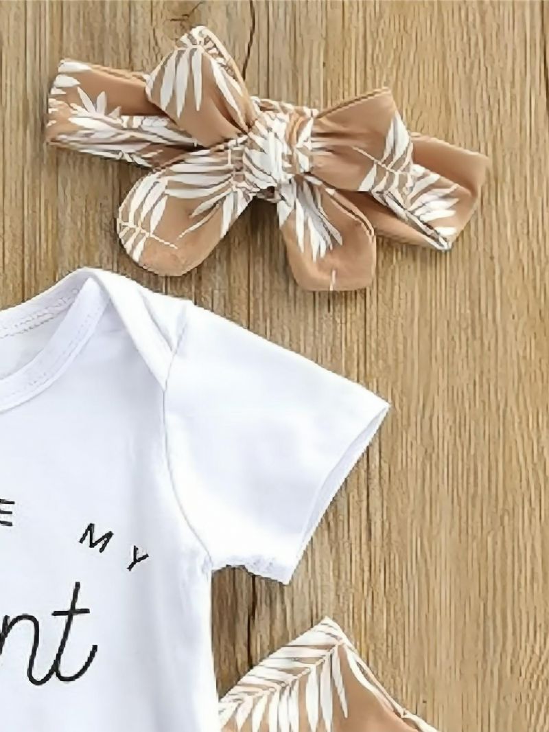 3stk Baby Letter Print Romper & Botanical Bukser Sett Med Pannebånd