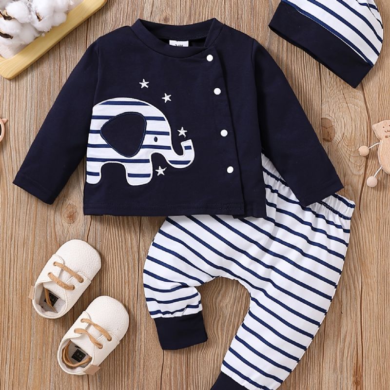 3stk Spedbarn Småbarn Langermet Elefant Brodert Pullover Topp & Stripete Bukser & Hattesett For Baby Jenter Gutter Barneklær