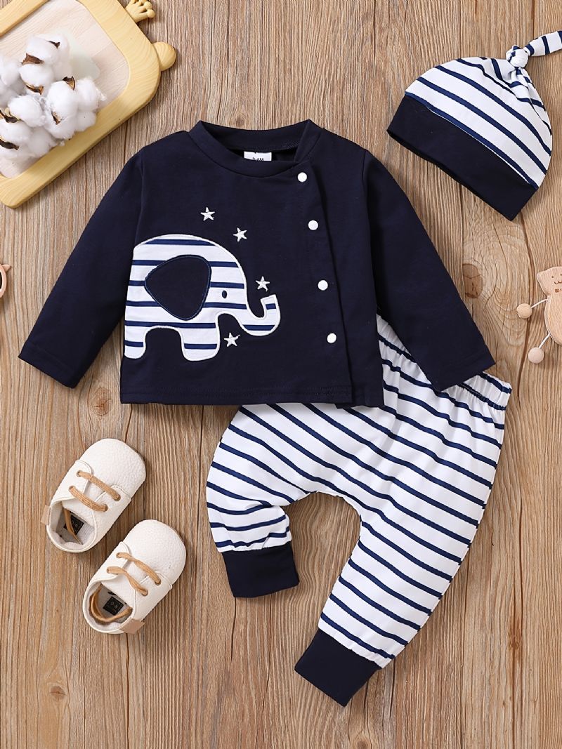 3stk Spedbarn Småbarn Langermet Elefant Brodert Pullover Topp & Stripete Bukser & Hattesett For Baby Jenter Gutter Barneklær