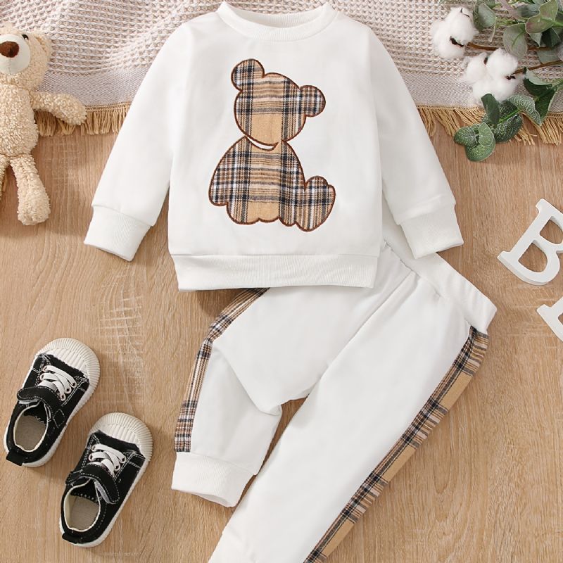 Baby Bear Print Langermet Genser Patchwork Rutete Buksesett Høst Vinter