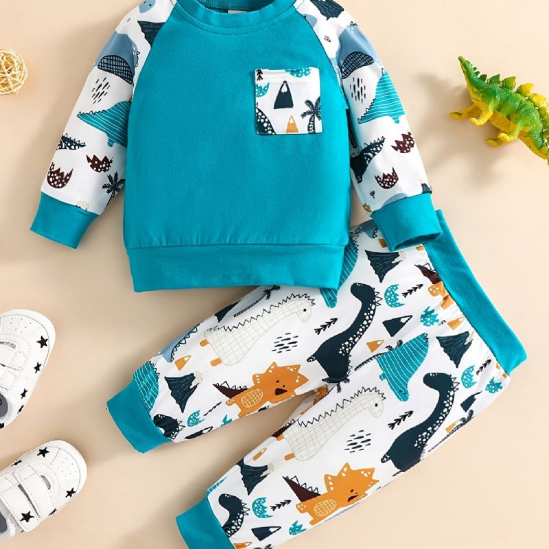 Baby Gutter Animal Tegneserie Print Langermet Rundhals Sweatshirt & Buksesett