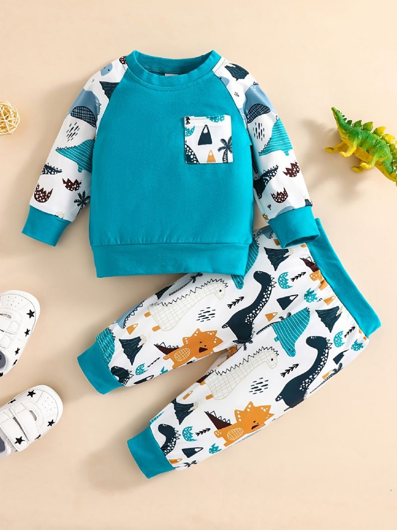 Baby Gutter Animal Tegneserie Print Langermet Rundhals Sweatshirt & Buksesett