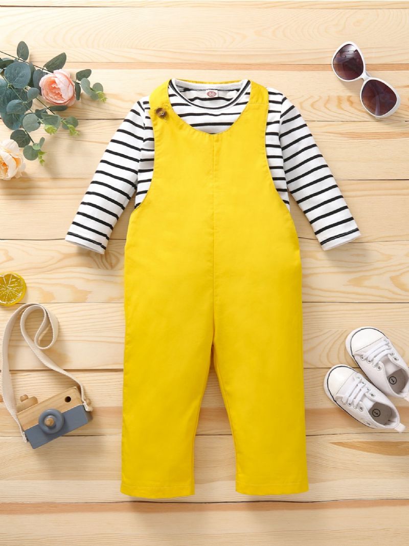 Baby Gutter Bomull Stripete Topp & Ensfarget Overall Dress