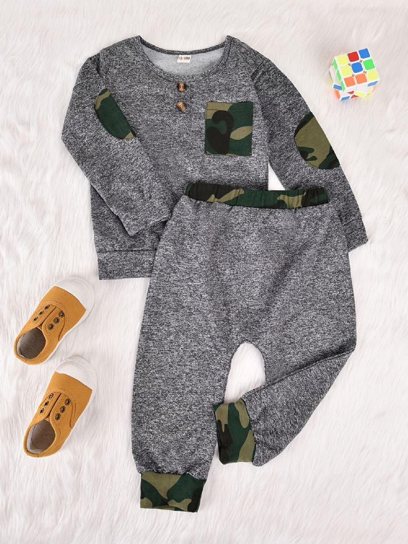 Baby Gutter Camouflage Patchwork Pullover Crew Neck Langermet Sweatshirt Og Buksesett Småbarnsklær