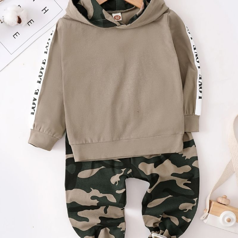 Baby Gutter Casual Active Sett Med Camouflage Love Print Hettegenser Og Bukser