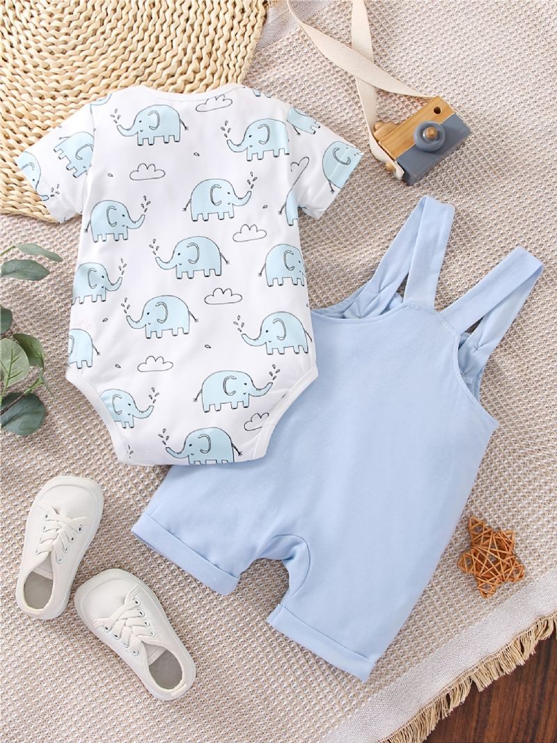 Baby Gutter Casual Cartoon Elephant Print Romper & Solid Bib Buksesett