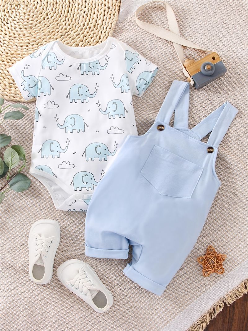 Baby Gutter Casual Cartoon Elephant Print Romper & Solid Bib Buksesett