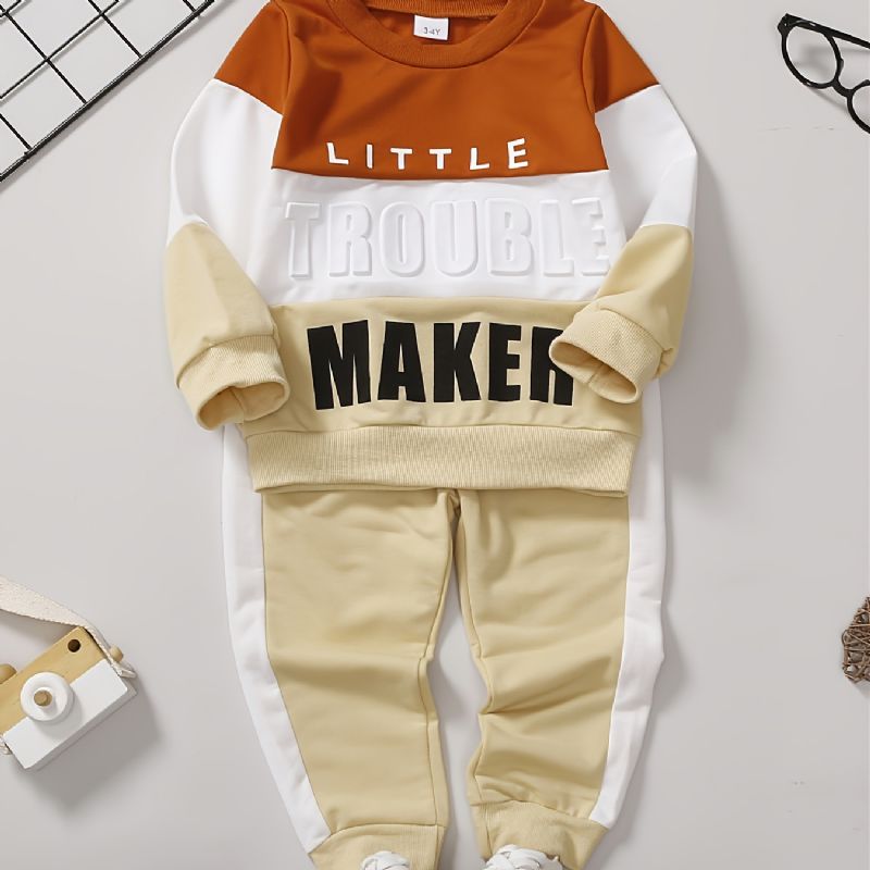 Baby Gutter Casual Colorblock Letter Rund Hals Sweatshirt Buksesett Barneklær