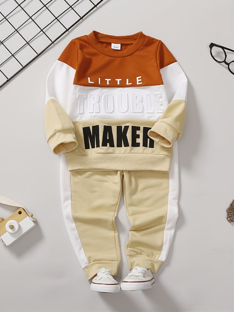 Baby Gutter Casual Colorblock Letter Rund Hals Sweatshirt Buksesett Barneklær