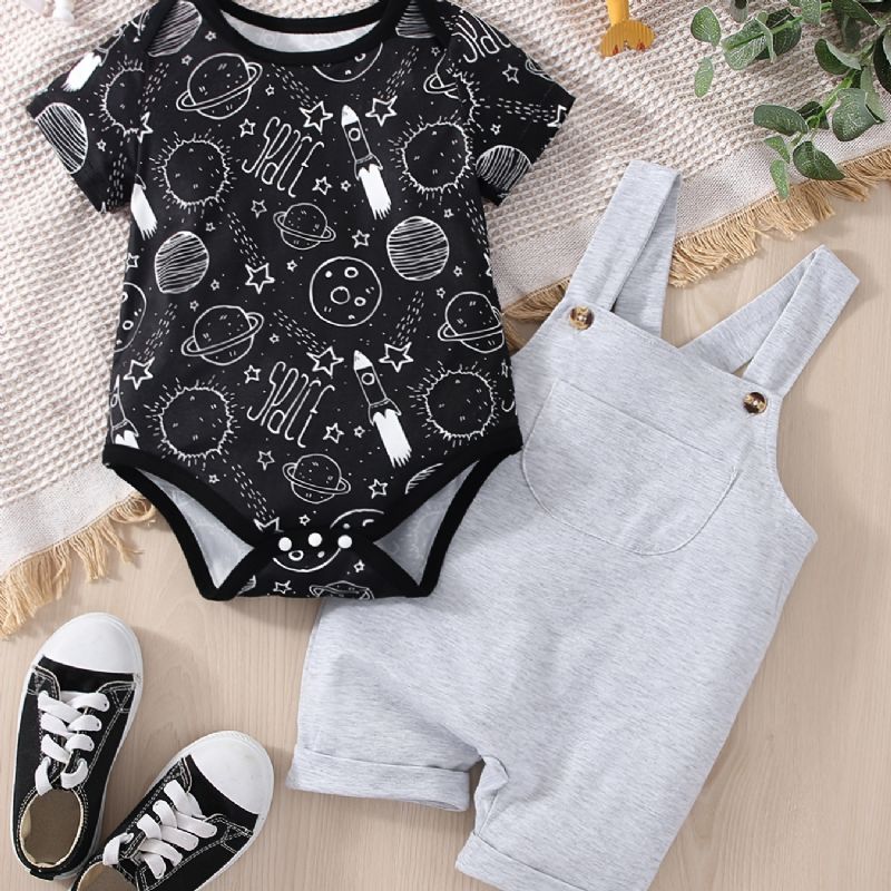 Baby Gutter Casual Planet Space Print Romper & Solid Bib Shorts Set