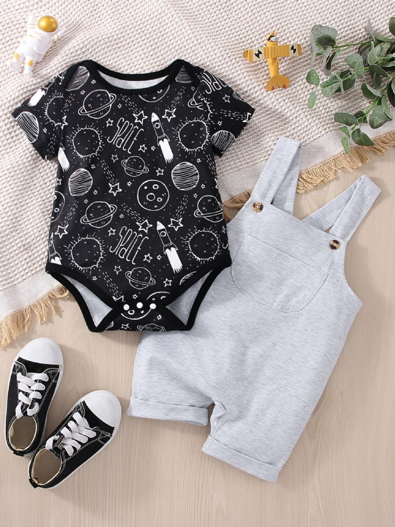 Baby Gutter Casual Planet Space Print Romper & Solid Bib Shorts Set