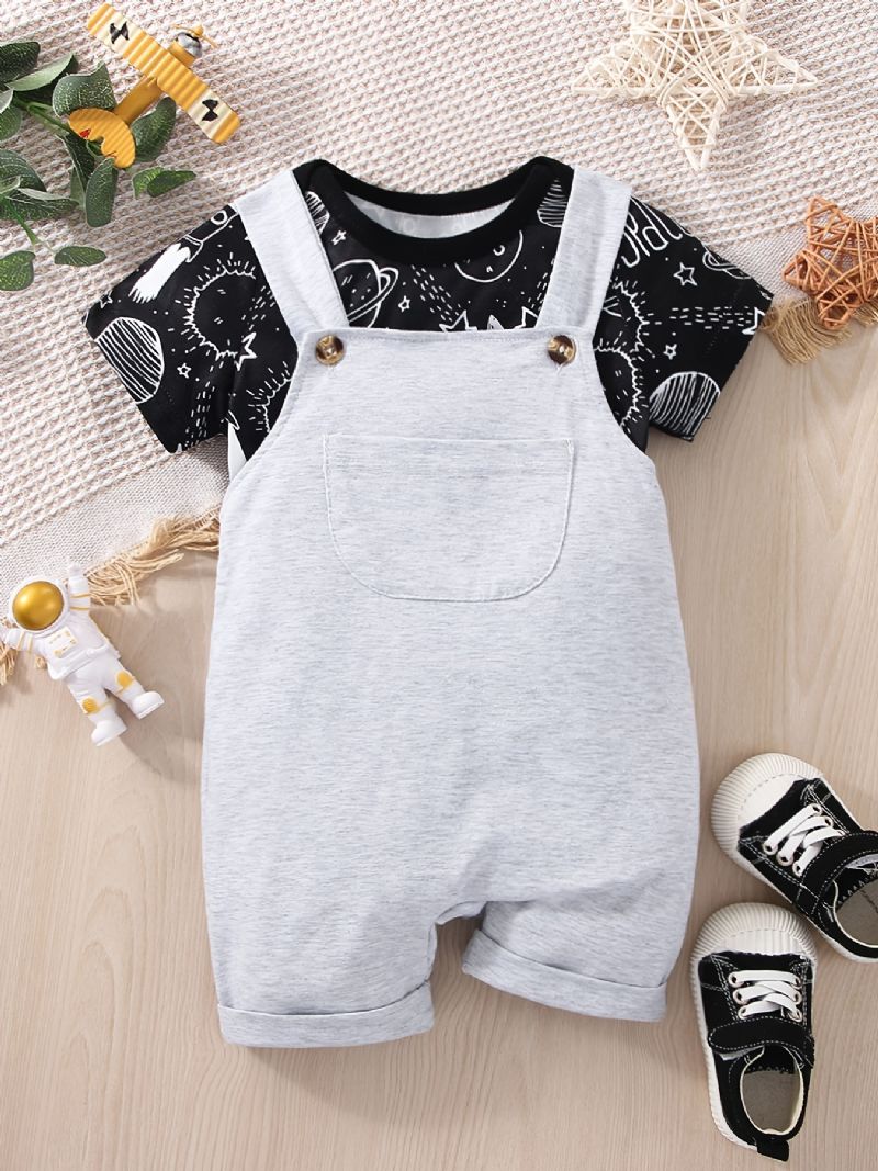 Baby Gutter Casual Planet Space Print Romper & Solid Bib Shorts Set