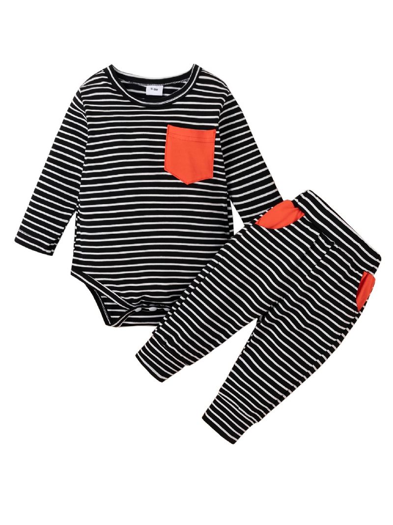 Baby Gutter Casual Strippet Romper & Bukser Med Røde Lommer Sett