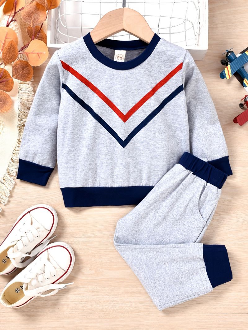 Baby Gutter Color Block Pullover Rund Neck Langermet Sweatshirt Og Buksesett Barneklær