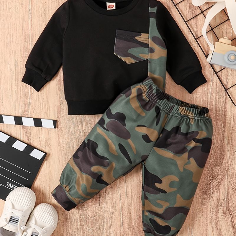 Baby Gutter Crew Neck Camouflage Langermet Patchwork-sett