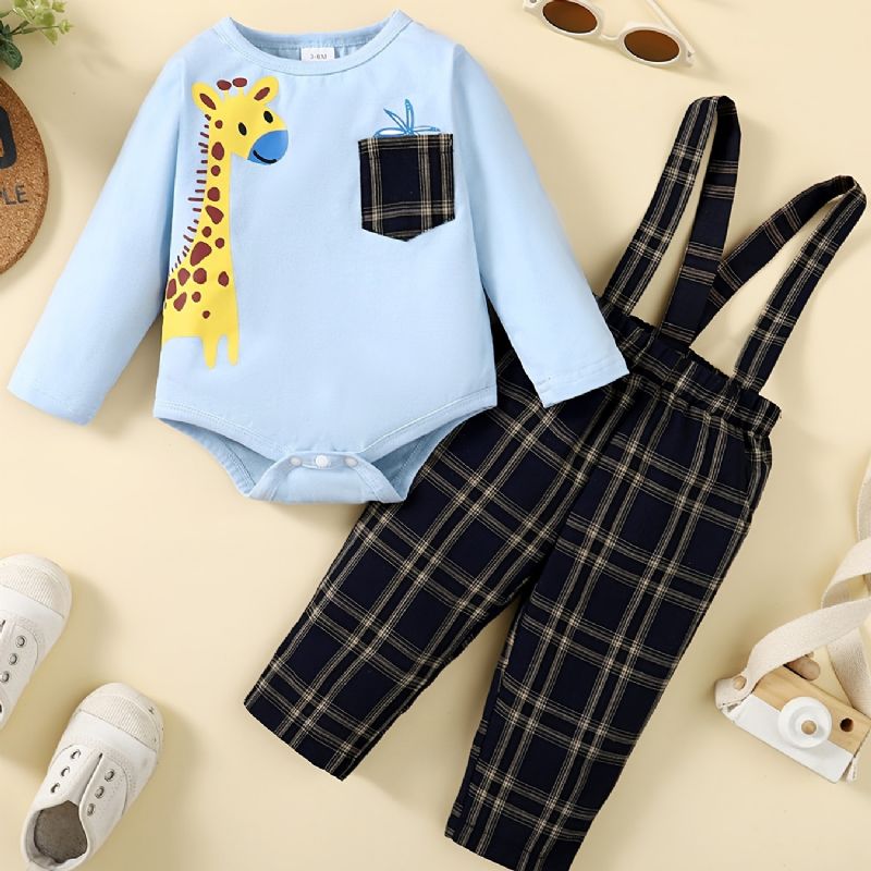 Baby Gutter Deer Print Bodysuit Onesie & Ruttet Suspender Pants Set