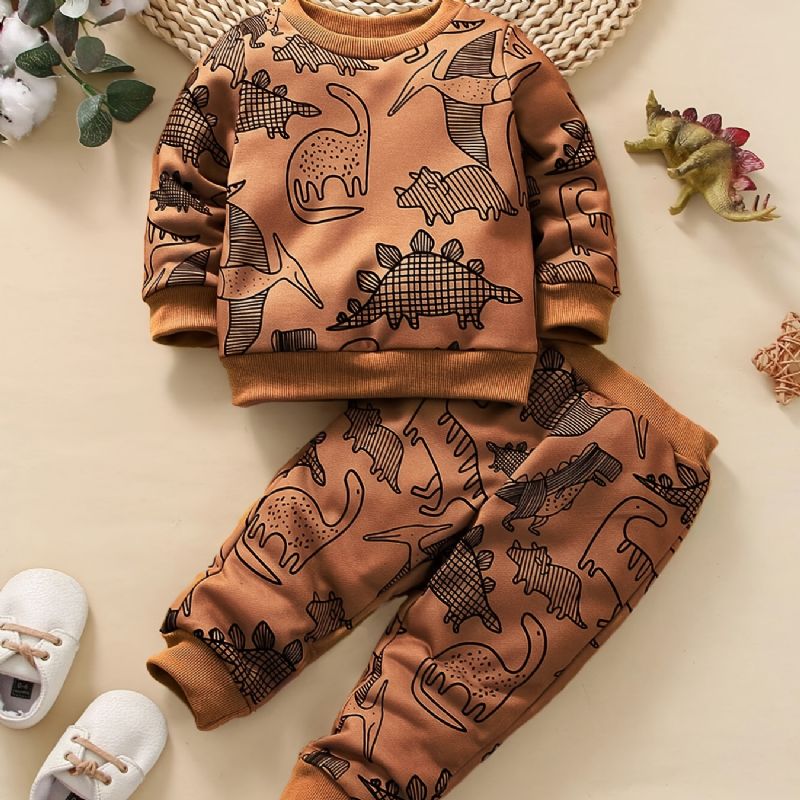 Baby Gutter Dinosaur Print Sweatshirt + Matchende Joggebuksesett Babyklær