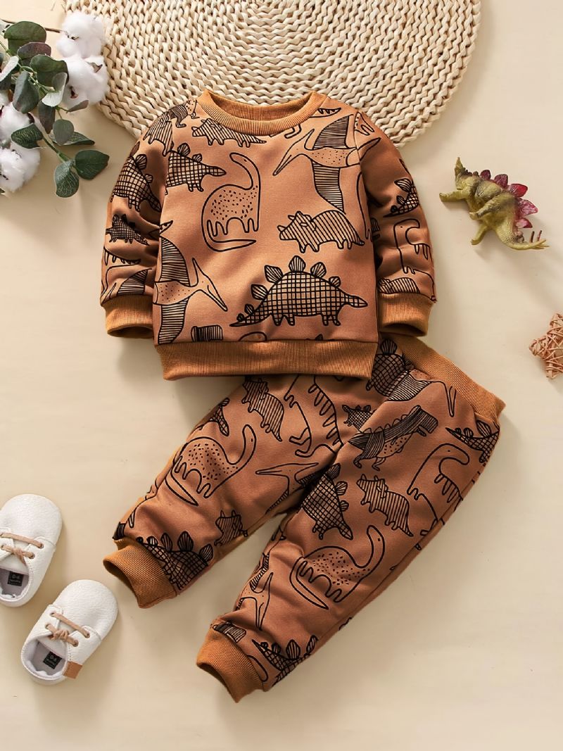 Baby Gutter Dinosaur Print Sweatshirt + Matchende Joggebuksesett Babyklær