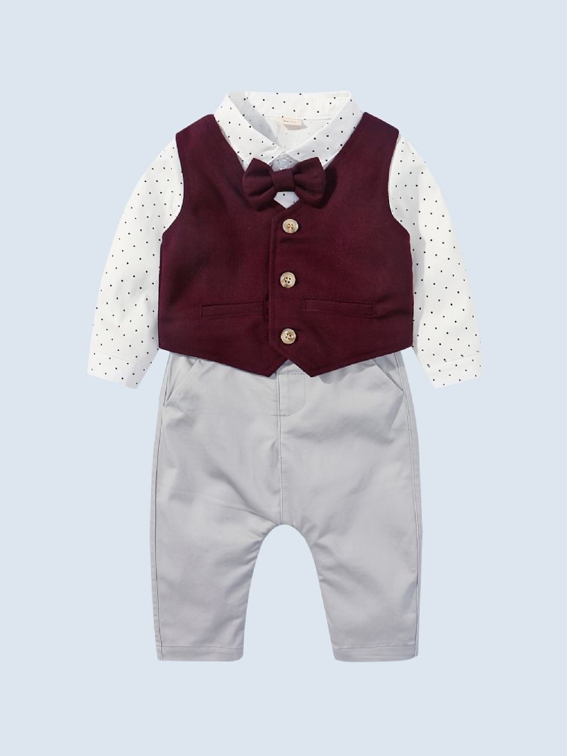 Baby Gutter Formelle Gentleman-antrekk Langermet Polka Dot Romper + Solid Vest + Matchende Buksesett Babyklær Til Jul