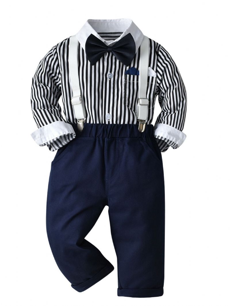 Baby Gutter Gentleman Antrekk Formell Dress Langermet Stripete Rutete Skjorte Bærebukser Sløyfe Overalls Klær Sett