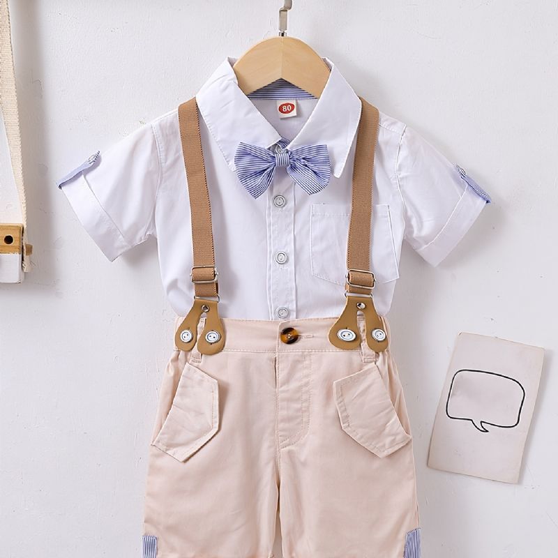 Baby Gutter Gentleman Outfit Kortermet Bowtie Skjorte Og Suspender Shorts Sett Barneklær