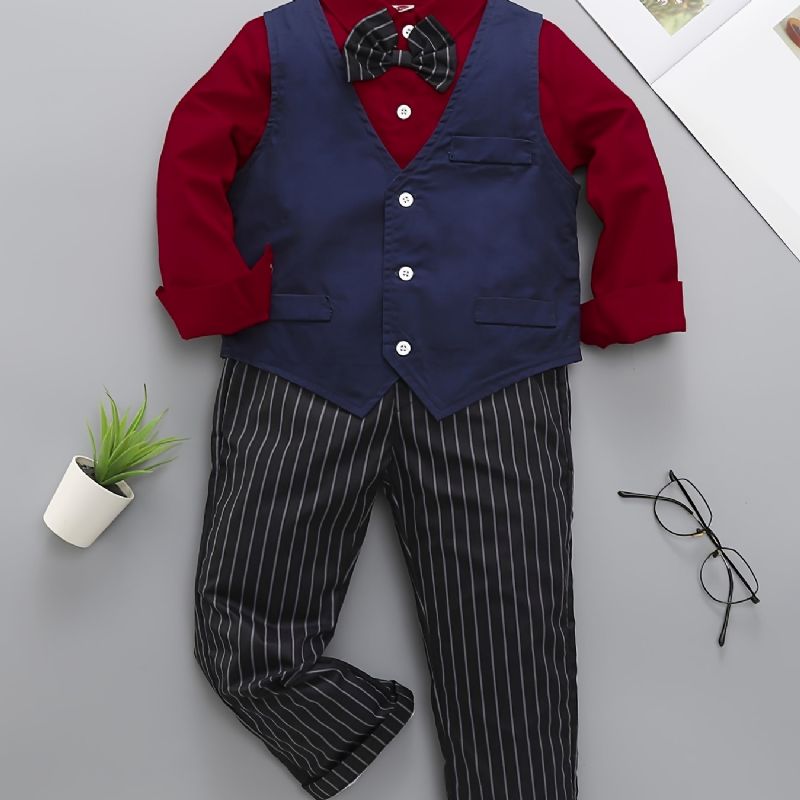 Baby Gutter Gentleman Outfit Langermet Bowtie Skjorte Og Vester Og Striper Buksesett Barneklær