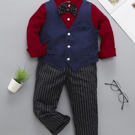 Baby Gutter Gentleman Outfit Langermet Bowtie Skjorte Og Vester Og Striper Buksesett Barneklær