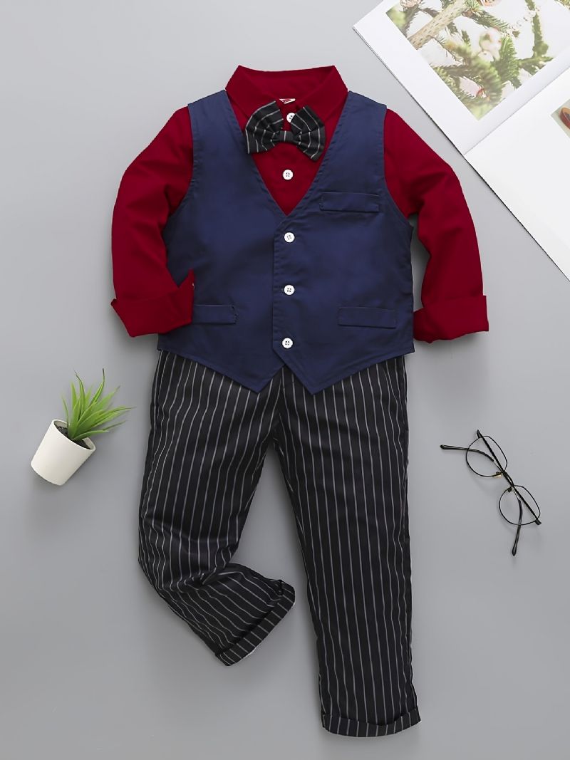 Baby Gutter Gentleman Outfit Langermet Bowtie Skjorte Og Vester Og Striper Buksesett Barneklær