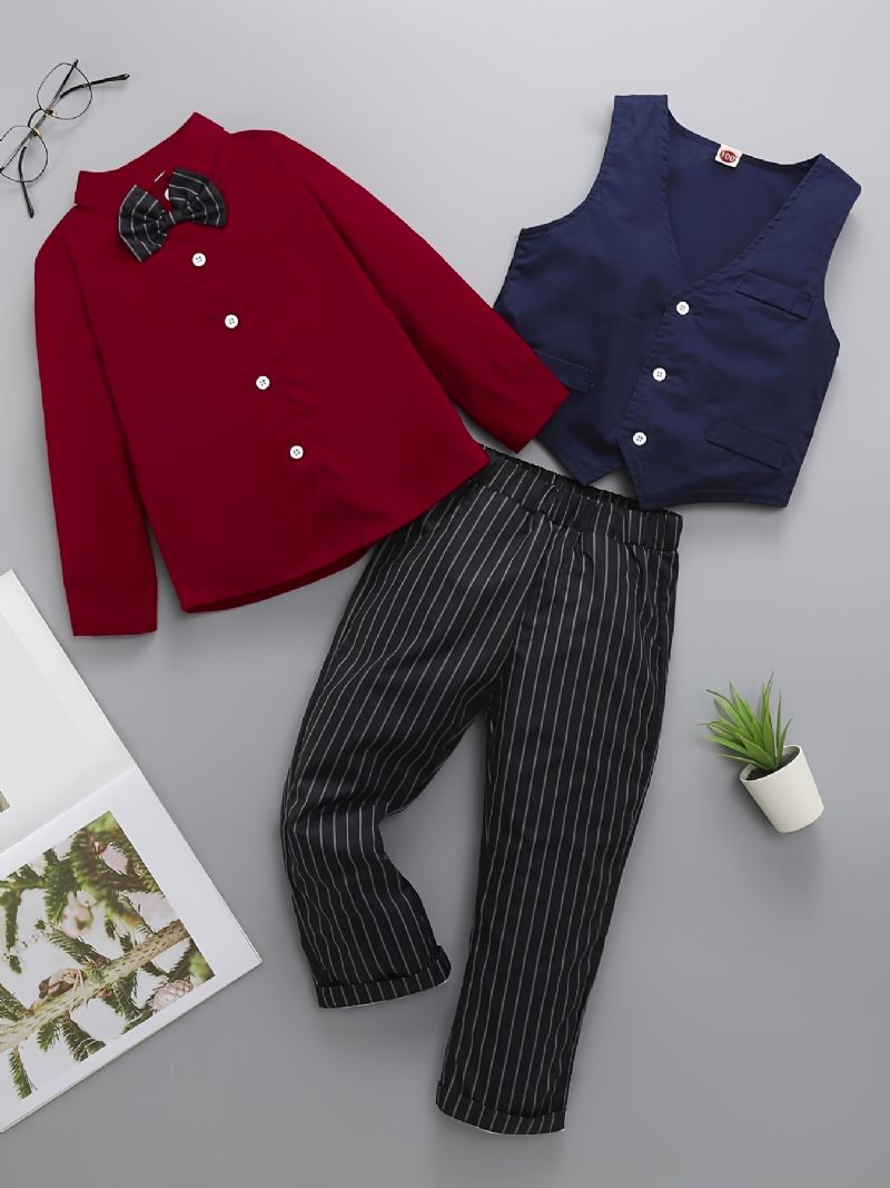 Baby Gutter Gentleman Outfit Langermet Bowtie Skjorte Og Vester Og Striper Buksesett Barneklær