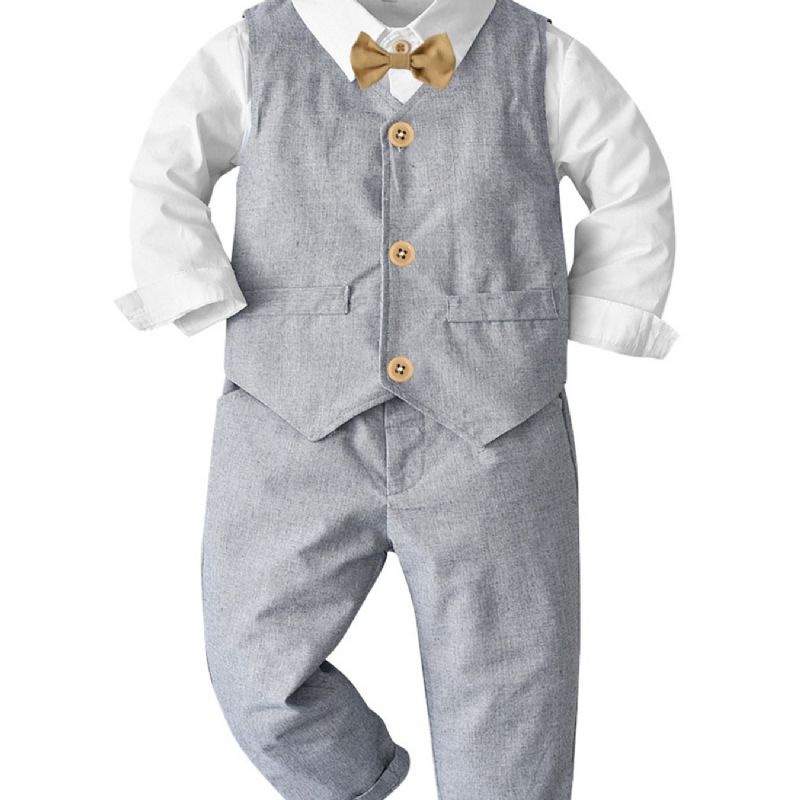 Baby Gutter Gentleman Outfit Langermet Bowtie Skjorte Romper & Vester Og Bukser Sett Barneklær