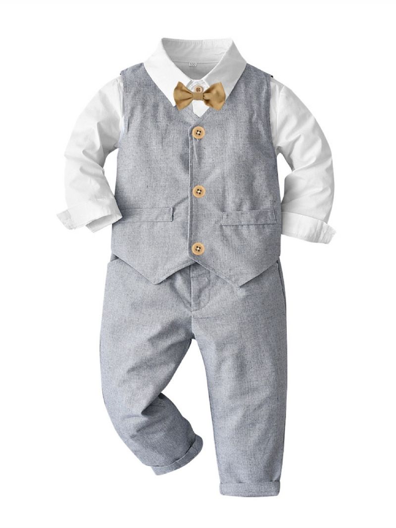 Baby Gutter Gentleman Outfit Langermet Bowtie Skjorte Romper & Vester Og Bukser Sett Barneklær