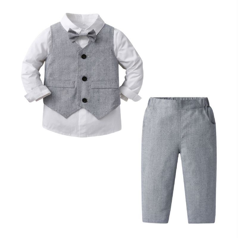 Baby Gutter Gentleman Outfit Langermet Skjorte & Vest Og Bukser Med Sløyfesett