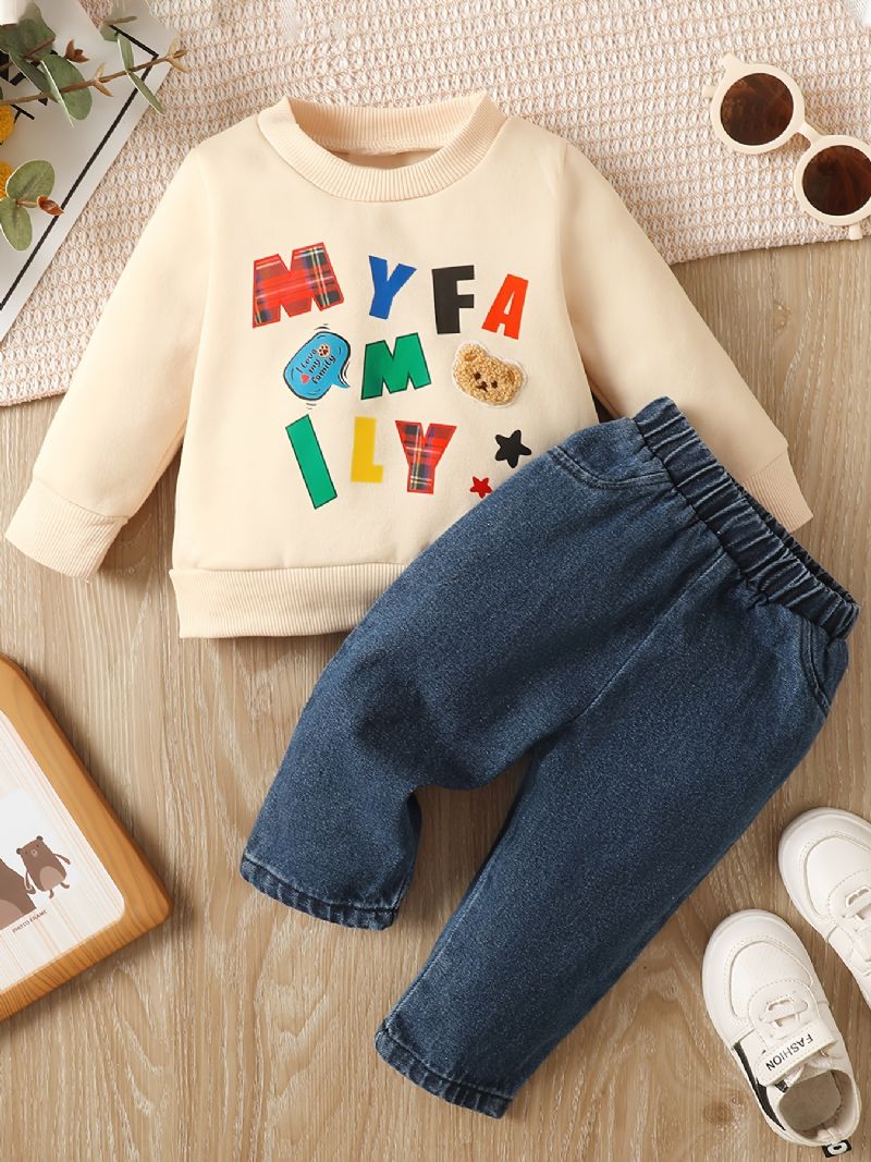 Baby Gutter Pullover Bear Letter Print Langermet Rundhals Sweatshirt & Jeans Sett Barneklær