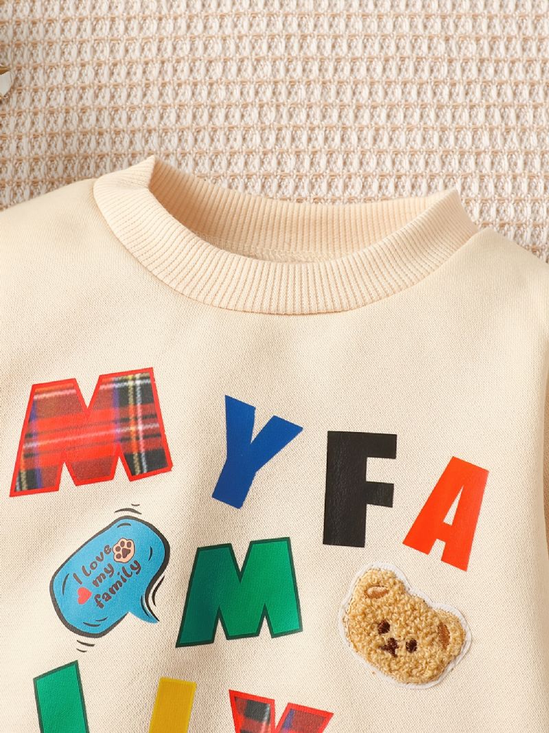 Baby Gutter Pullover Bear Letter Print Langermet Rundhals Sweatshirt & Jeans Sett Barneklær