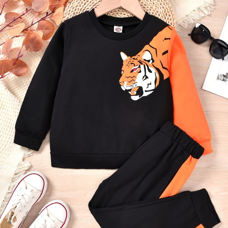 Baby Gutter Pullover Tiger Print Crew Neck Langermet Sweatshirt & Color Block Buksesett Barneklær