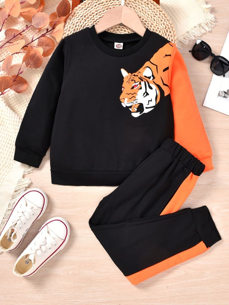 Baby Gutter Pullover Tiger Print Crew Neck Langermet Sweatshirt & Color Block Buksesett Barneklær