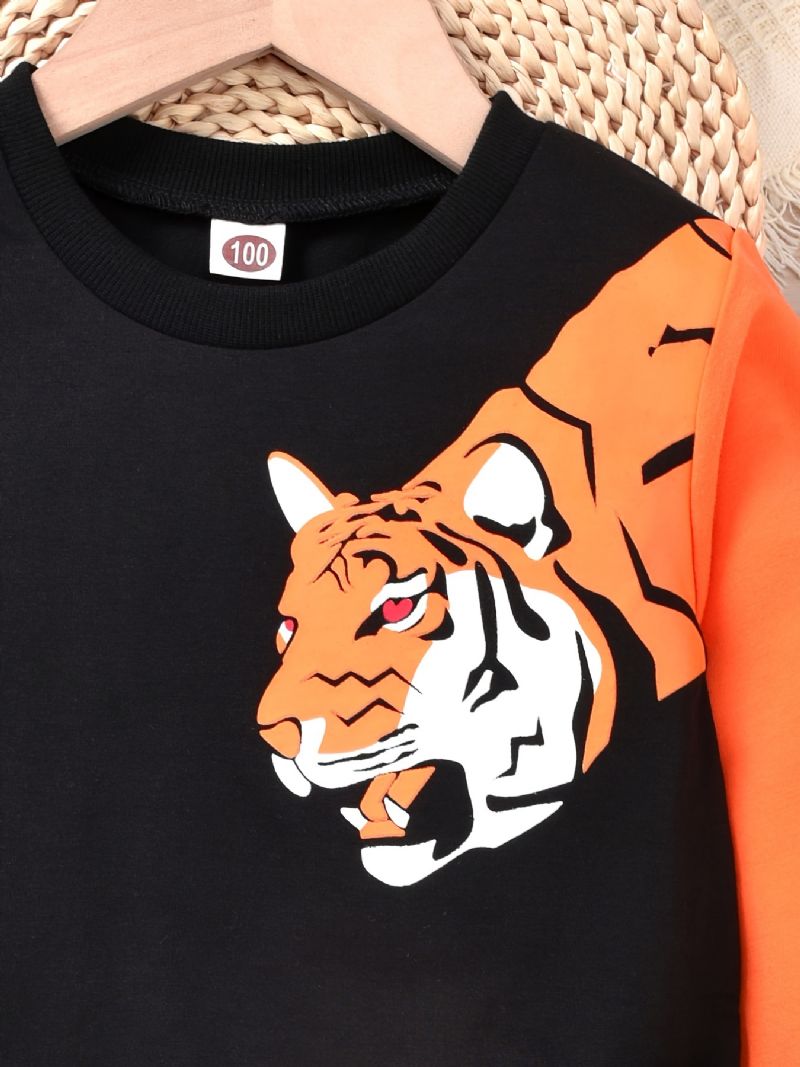 Baby Gutter Pullover Tiger Print Crew Neck Langermet Sweatshirt & Color Block Buksesett Barneklær