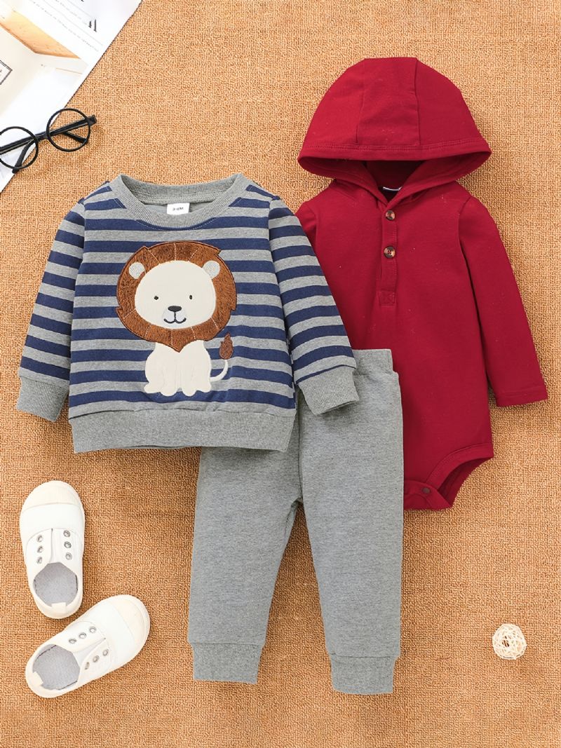 Baby Gutter Rød Bodysuit & Bukser & Striped Lion Print Sweatshirt Set For Fall Winter New Christmas