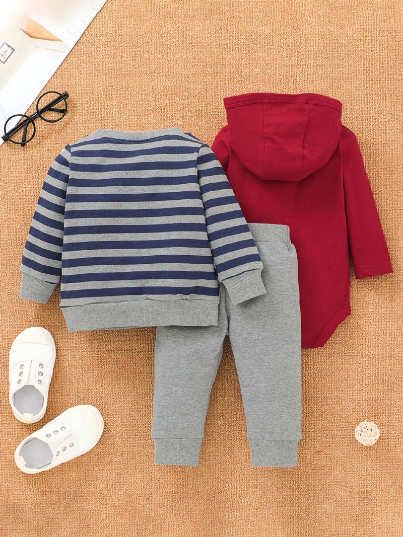 Baby Gutter Rød Bodysuit & Bukser & Striped Lion Print Sweatshirt Set For Fall Winter New Christmas