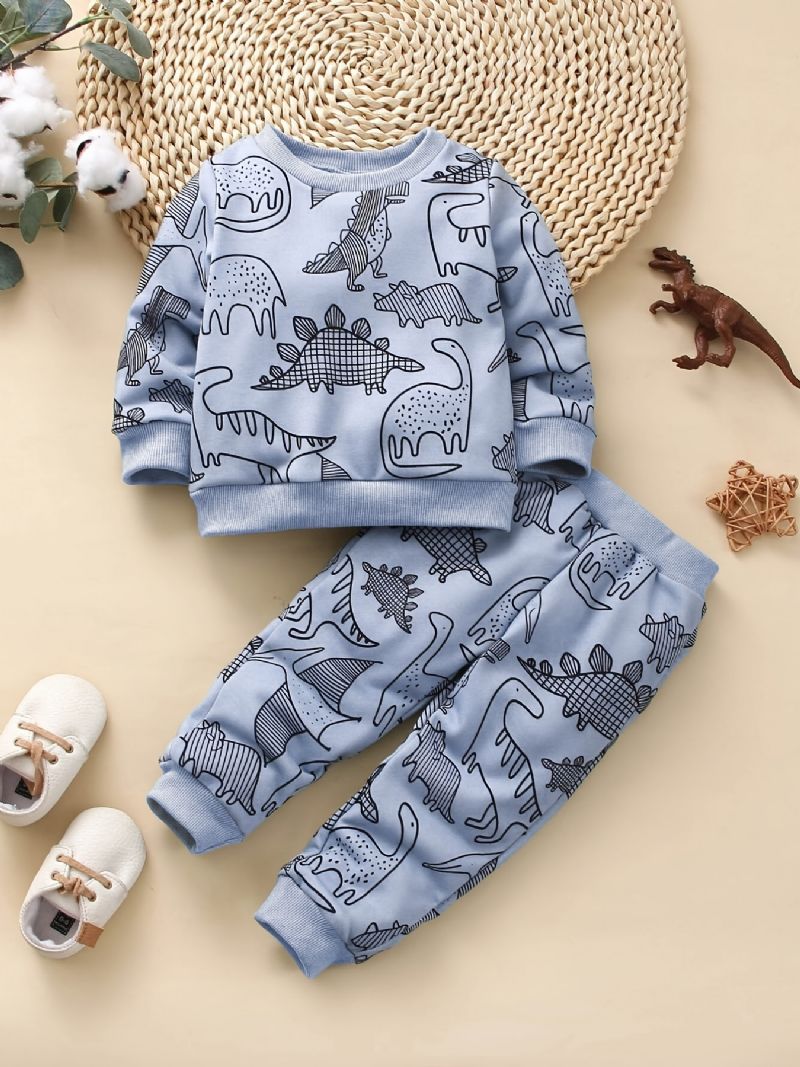 Baby Gutter Uformelt Søtt Sett Med Tegneserie Dinosaur Print Genser Sweatshirt Og Joggebukser