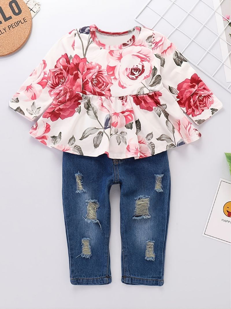 Baby Jenter Blomstertrykk Ruffle Decor Langermet Og Jeanssett