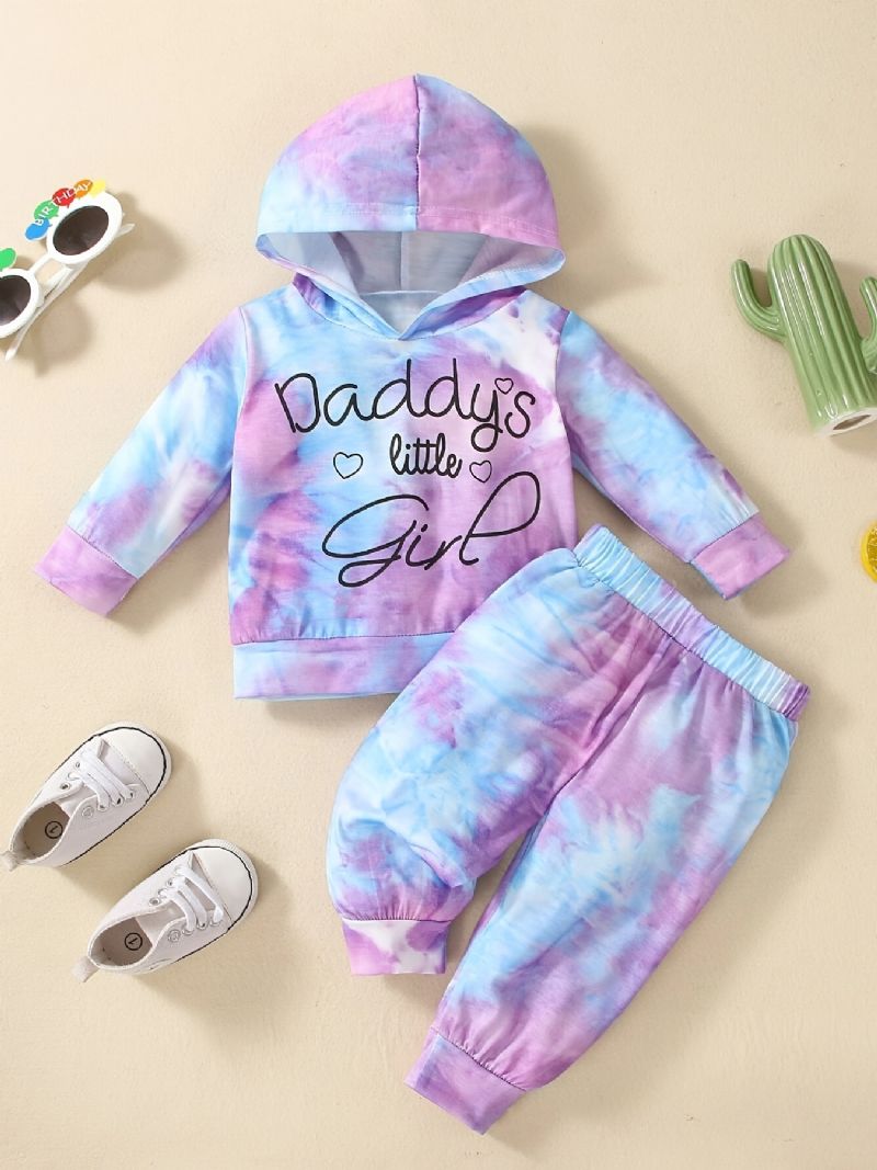 Baby Jenter Casual Active Tie Dye Sett Med Bokstavtrykk Hettegenser Og Joggebukser For Utendørs