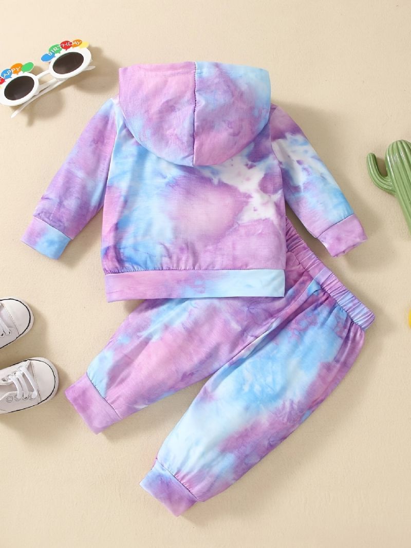 Baby Jenter Casual Active Tie Dye Sett Med Bokstavtrykk Hettegenser Og Joggebukser For Utendørs