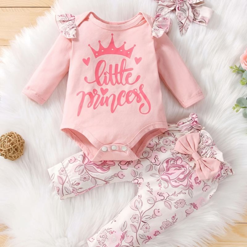 Baby Jenter Casual Romper Sett Med Little Princess Print & Sløyfe Blomster Bukser & Pannebånd