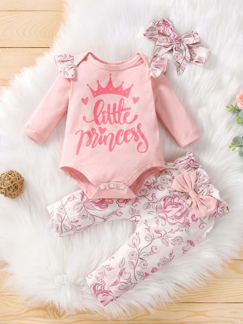 Baby Jenter Casual Romper Sett Med Little Princess Print & Sløyfe Blomster Bukser & Pannebånd