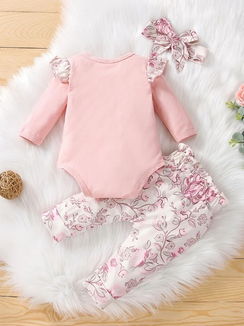 Baby Jenter Casual Romper Sett Med Little Princess Print & Sløyfe Blomster Bukser & Pannebånd