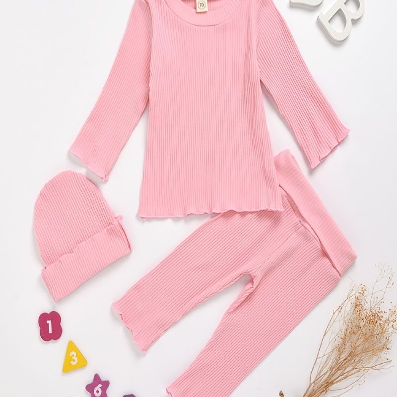 Baby Jenter Casual Solid Ruffled Ribbet Langermet Topp & Bukser & Hat Sett