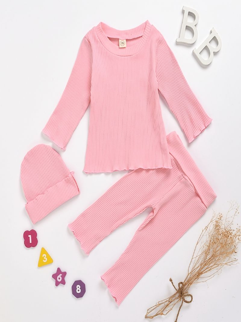 Baby Jenter Casual Solid Ruffled Ribbet Langermet Topp & Bukser & Hat Sett