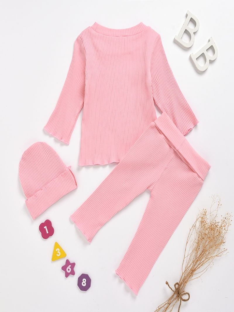 Baby Jenter Casual Solid Ruffled Ribbet Langermet Topp & Bukser & Hat Sett